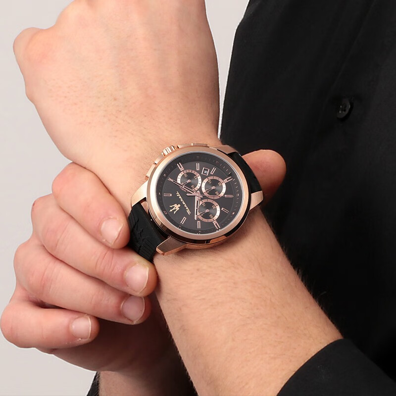 玛莎拉蒂（MASERATI）手表男运动防水三眼计时日历石英表时尚硅胶表带名表圣诞节礼物 城市黑金-R8871621012