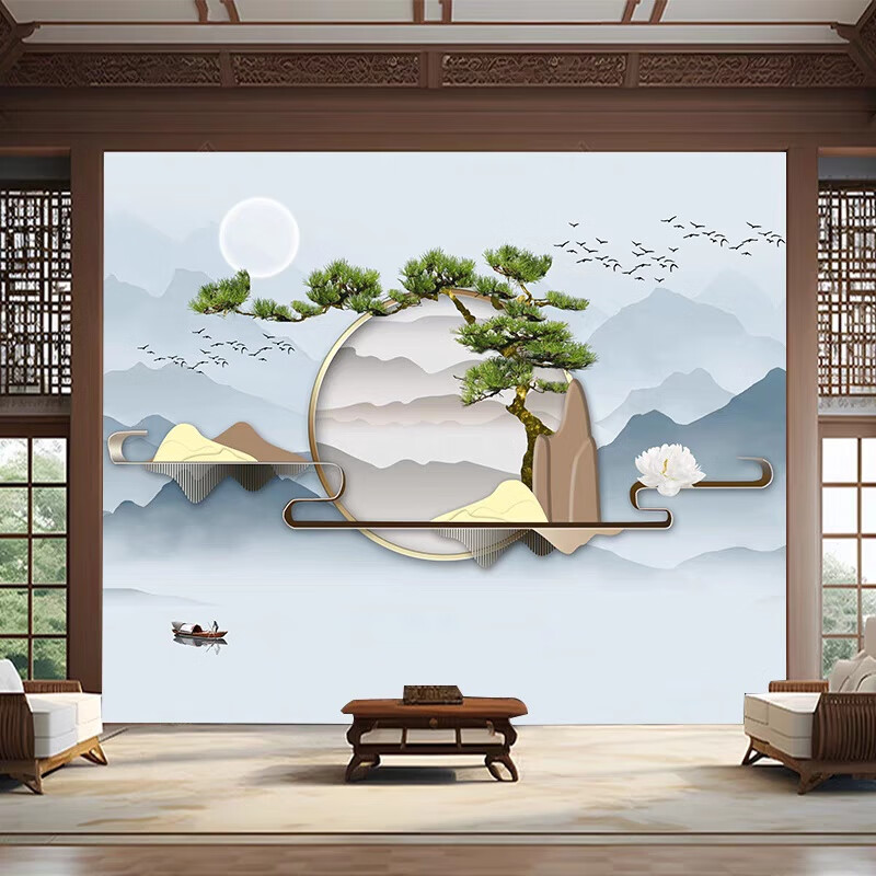 霸剛山水畫竹木纖維集成墻板客廳沙發(fā)電視背景墻酒店茶室迎客松護墻板 尺寸大小定制 發(fā)客服 600x600mm