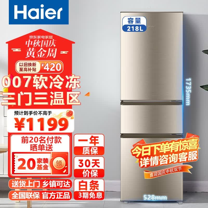 海尔（Haier）冰箱小型双门家用迷你小冰箱超薄风冷无霜家电节能电冰箱黑金净化独立中门租房以旧换新直冷三门 【直冷三门】218升007软冷冻黑金净化怎么看?