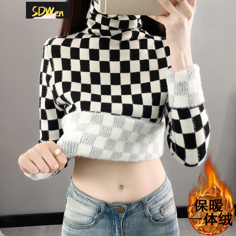 艾诗甜加厚加绒毛衣女高领女士棋盘格一体绒年保暖内搭打底衫线衣女