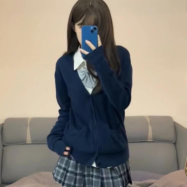 FSHEjk制服毛衣开衫外套女秋冬日系学院风制服校供感深灰色针织衫上衣 藏蓝色[常规款]  XL 建议108-120使用感如何?