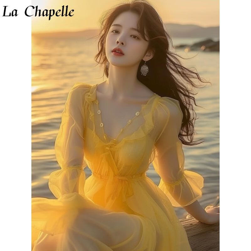 拉夏贝尔（La Chapelle）女装黄色雪纺连衣裙夏装2024年新款沙滩裙女海边度假仙女法式长裙 黄色 M