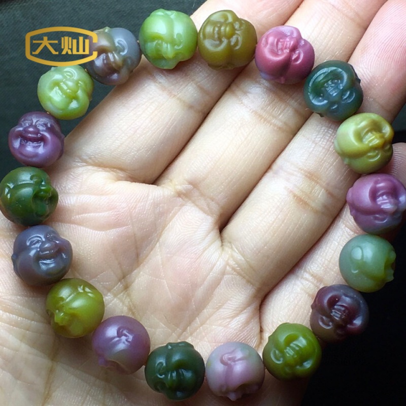 大灿 天然盐源弥勒佛头手链男女款时尚11mm单圈七彩南红手串中秋礼品