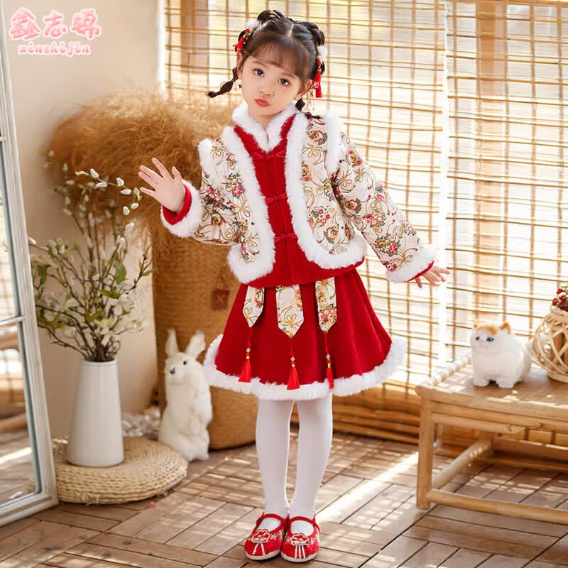 鑫志锦 儿童汉服女童拜年服秋冬加厚洋气中国风唐装日常喜庆年服周岁礼服过年裙子套装YX-AM拜年服套装100怎么看?