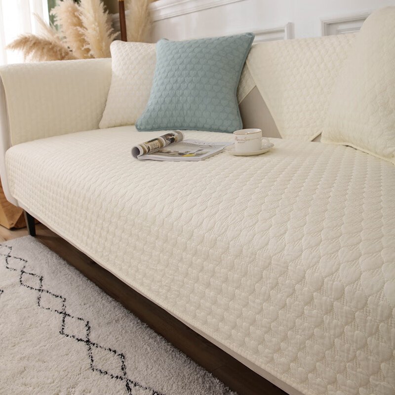 布艺四季简约冬季全棉坐垫现代通用防滑沙发盖布罩罩巾 心心相连-米白