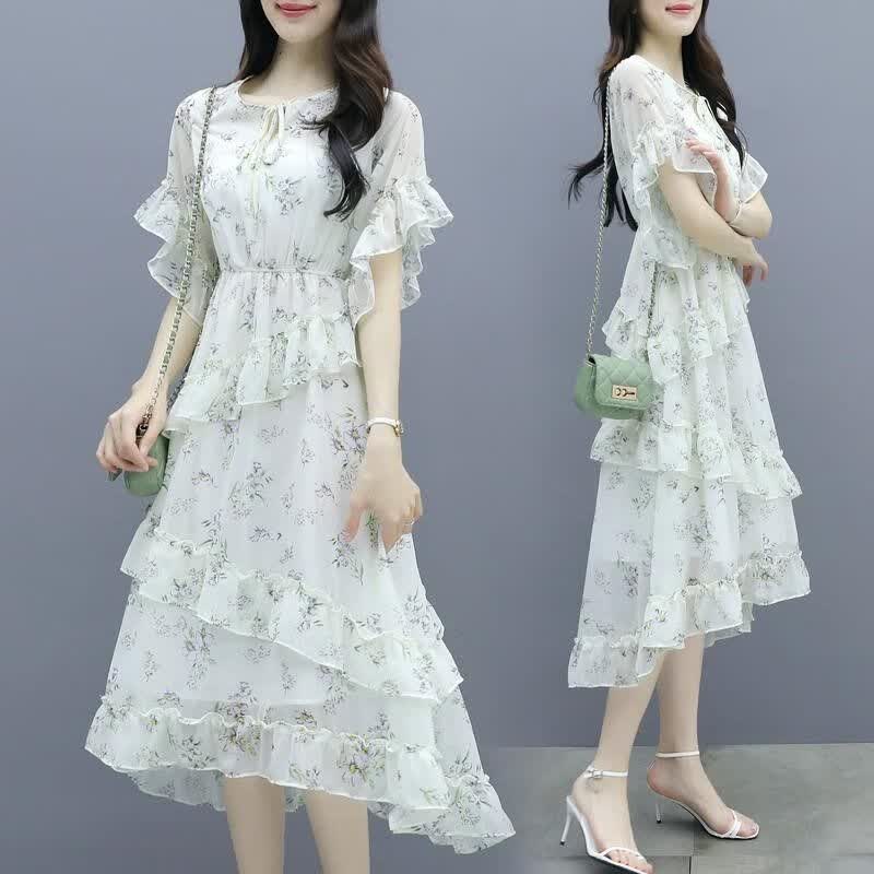 xwfrj浅绿色连衣裙女薄荷曼波穿搭雪纺碎花2024夏新款时尚气质收腰
