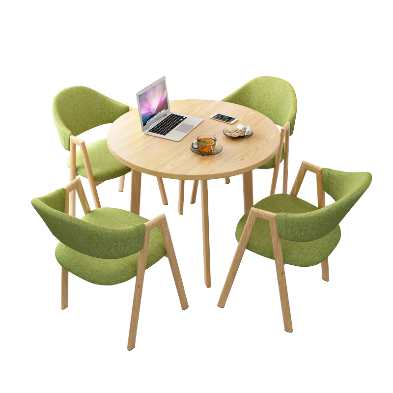 简约接待洽谈桌椅组合奶茶咖啡店铺餐桌4S店办公谈判桌休闲小圆桌会客桌一桌四椅 浅灰布4椅配80桌