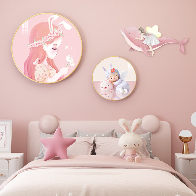 装饰画男孩女孩房间太空挂画创意圆形宇航员墙壁画 金色【蝴蝶公主】