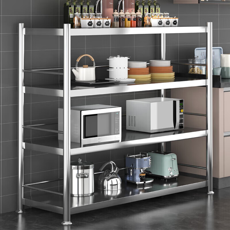 鲸琨厨房置物架落地不锈钢微波炉收纳储物柜调料货架子