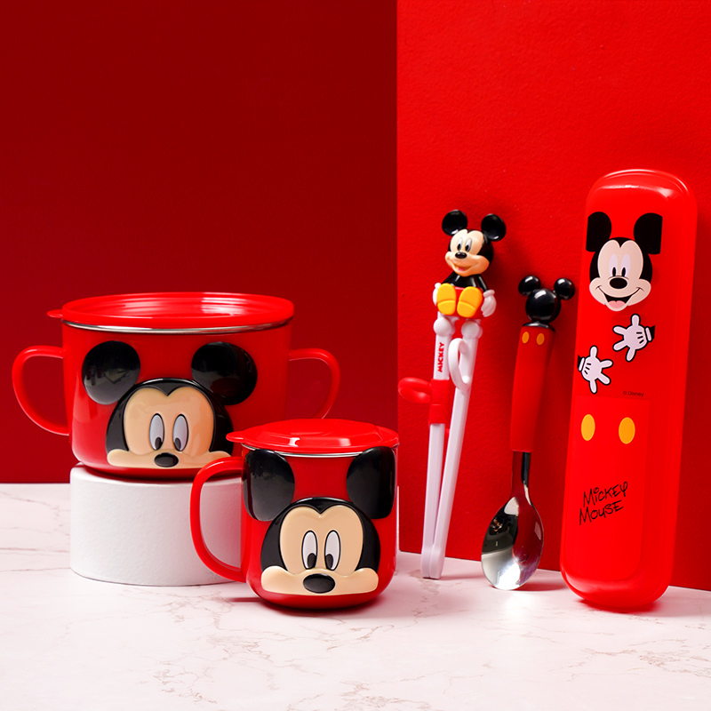 迪士尼（Disney）儿童餐具餐盘套装宝宝辅食碗 婴儿碗叉勺训练习筷子牛奶杯套装 米奇红 4件套