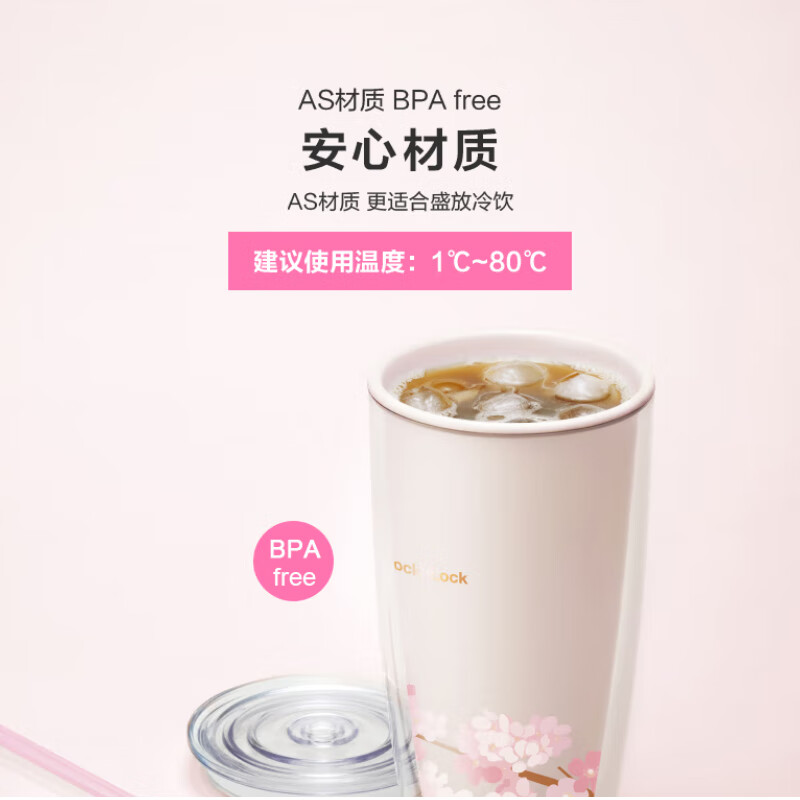 乐扣乐扣(LOCK&LOCK) 樱花杯水杯子双层杯身易开盖易清洗塑料杯吸管杯水杯女 HAP509PIN-樱花粉-750ML