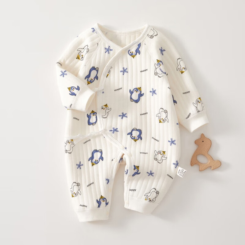 婧麒（JOYNCLEON）新生儿婴儿衣服秋冬夹棉满月纯棉初生宝宝秋装连体衣a类爬服 蓝企鹅 52cm