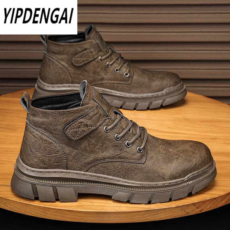 yipdengai马丁靴男款秋季复古皮面防水休闲皮靴男士高帮厚底耐磨机车