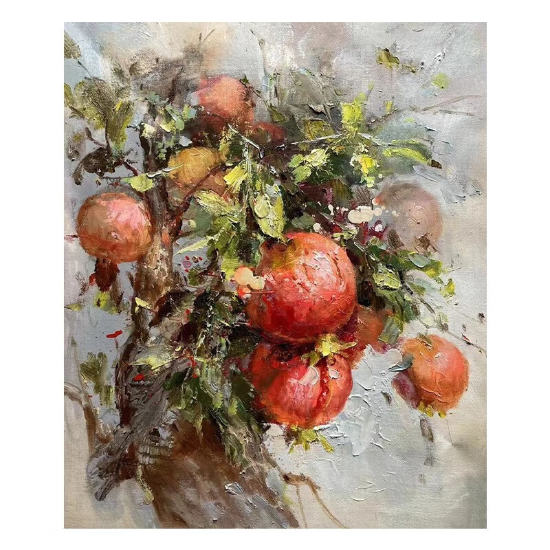 艺幻石榴树多子多福纯手绘油画诧寂风抽象果实装饰画客厅玄关肌理挂画