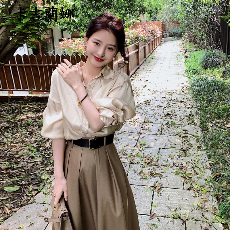 卡吉蘭娜新款连衣裙女春秋法式轻奢风气质小个子收腰显瘦通勤职业套装裙子 香槟衬衫+卡其裙 M高性价比高么？