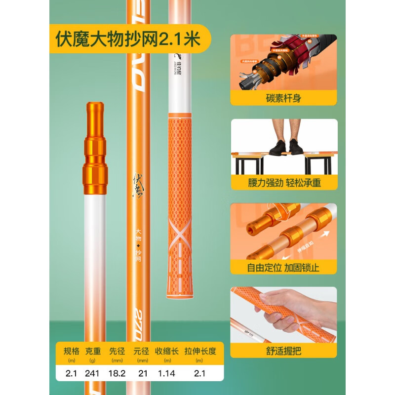 佳钓尼（JIADIAONI）新品大物抄网超硬碳素伸缩抄网杆全套巨物捞鱼网头加厚套装 伏魔大物抄网2.1米 其他