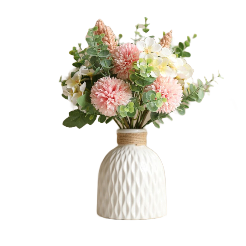 黛莉森 假花仿真花手捧花婚禮海棠花束絹花家居裝飾花辦公室客廳小擺件餐桌花場(chǎng)景布置拍攝道具陶瓷花瓶套裝 球菊淺粉花束+白瓶