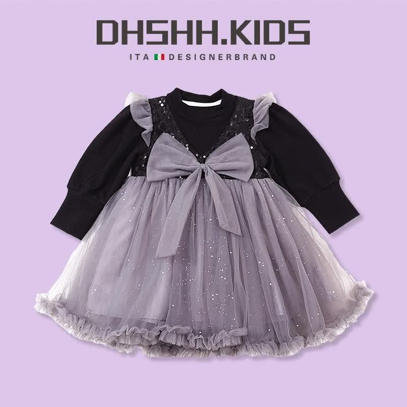 DHSHH KIDS女童礼服2023初秋季新款礼服裙小女孩亮片蝴蝶结公主礼服裙 亮片蝴蝶结纱裙 90cm(建议身高80-90cm)高性价比高么？