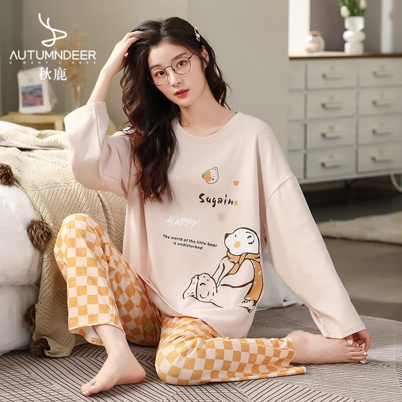 秋鹿睡衣女士春季纯棉圆领长袖卡通印花长裤可外穿家居服套装 杏色（18） XL