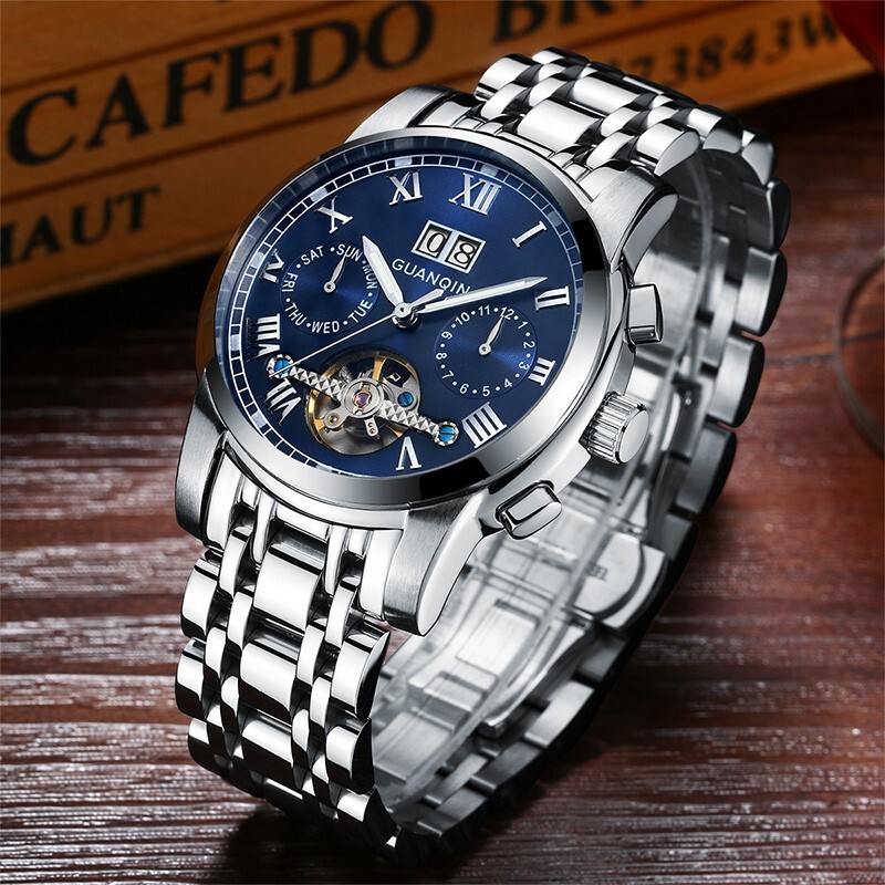 冠琴（GUANQIN）高端手表男全自动机械镂空飞轮精钢简约运动瑞士风格防水时尚腕表 【免费刻字+终身质保】钢带蓝面