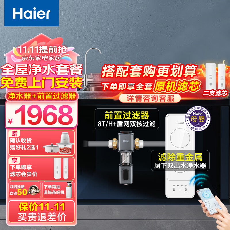 海尔（Haier）家用净水器伴侣管线机家用净水器大通量厨下式直饮RO反渗透壁挂式速热饮水机即热即饮无胆无千滚水 全屋两件套-双涡轮前置+净水器