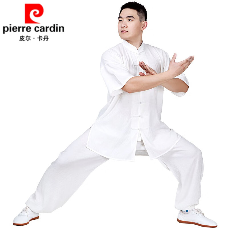 皮爾卡丹（pierre cardin）新款夏季棉麻太極服男中國風(fēng)聯(lián)名亞麻棉透氣飄逸薄款短袖練功 白色 XXL