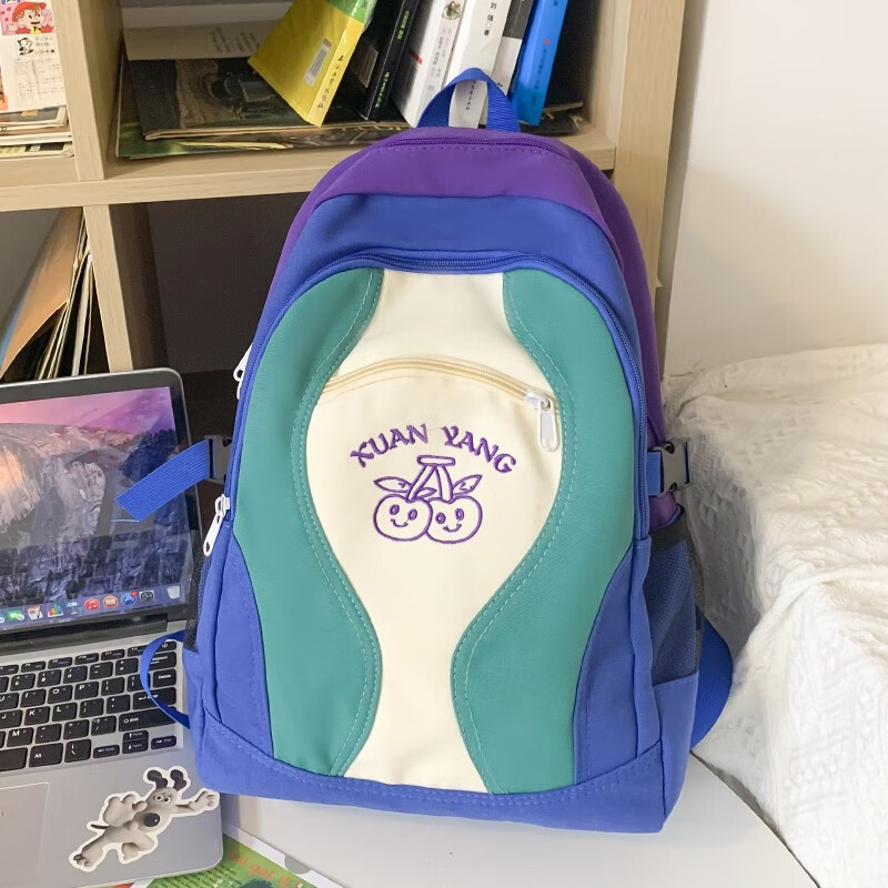 书包女中学生少女日系防水初中生大学生背包双肩包 斑斓蓝紫色 无挂件