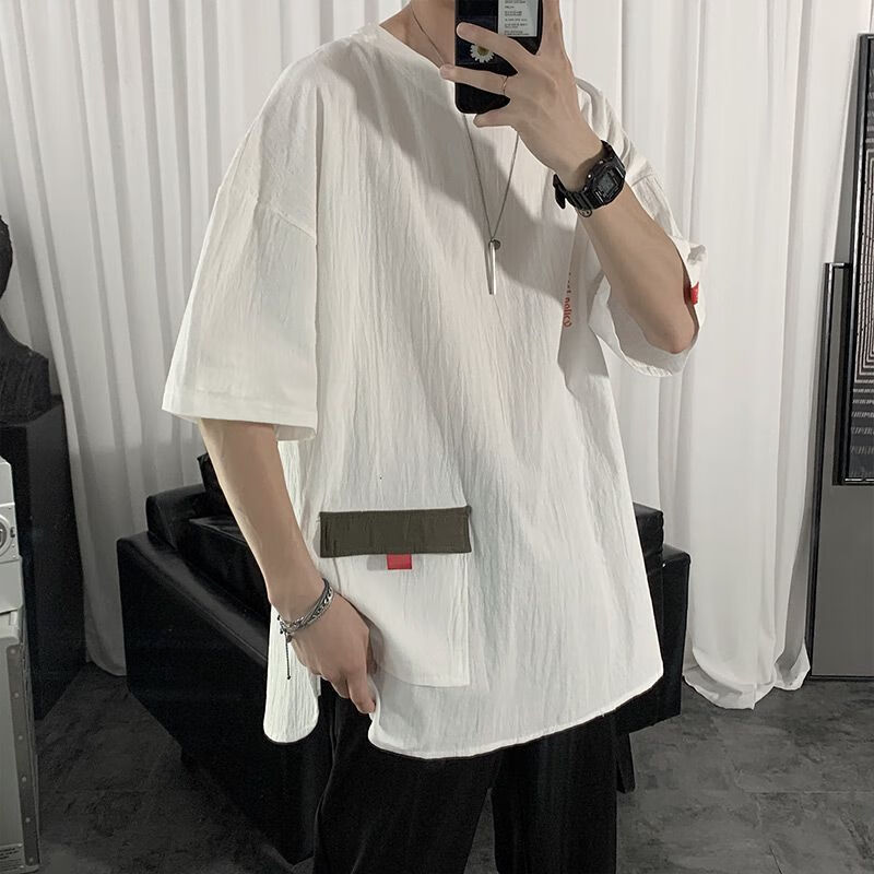 乔趣猫短袖t恤男生休闲街头印花五分袖夏季日系个性口袋亚麻短袖t恤男