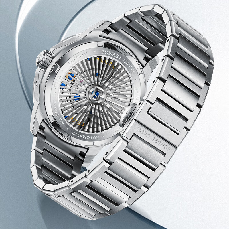 布加迪(BONEST GATTI)德国全自动机械手表男士腕表镂空钢带款情人节跨年新年礼物送男友 BG8802-S3间玫壳白面间玫钢带