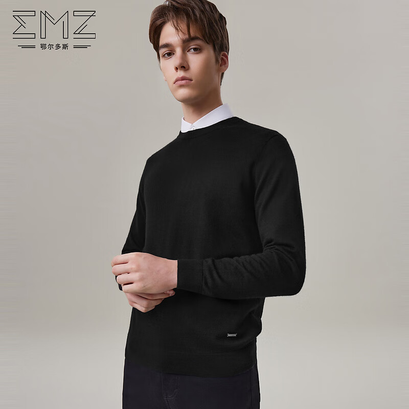 EMZ鄂爾多斯【羊絨系列】早秋毛衣凈色圓領(lǐng)100%精紡羊絨衫男上衣
