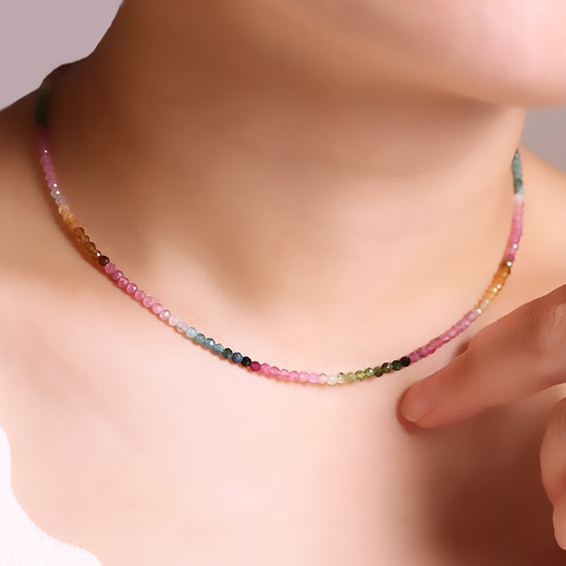 采莉超闪渐变极细小碧玺项链女锁骨链彩虹小众夏彩色水晶新中式 链长