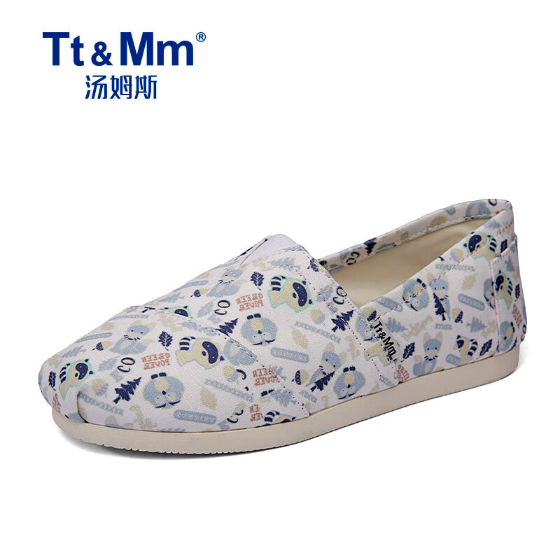 汤姆斯夏季透气设计小众卡通帆布鞋女鞋一脚蹬懒人休闲布鞋 白色 35