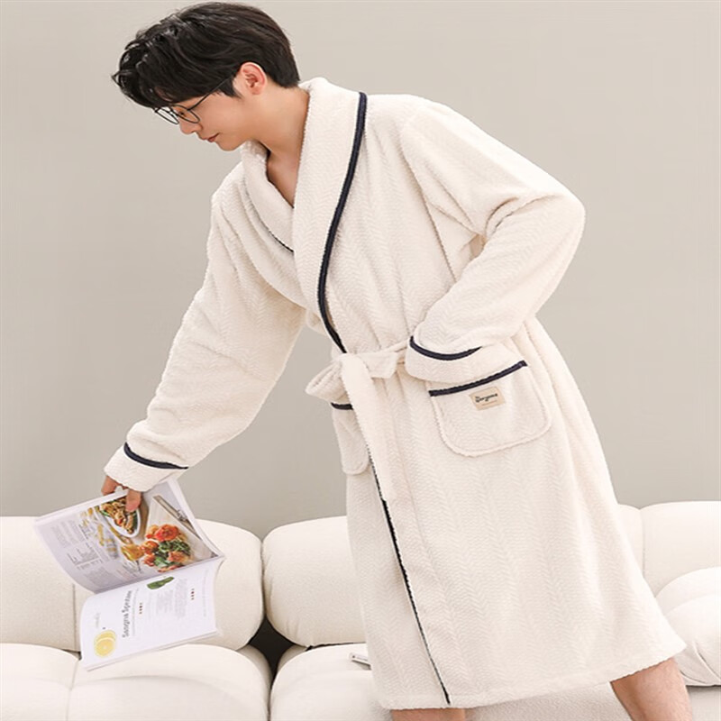 睡袍女秋冬长款珊瑚绒加厚加绒情侣浴袍法 提花米白睡袍男 l