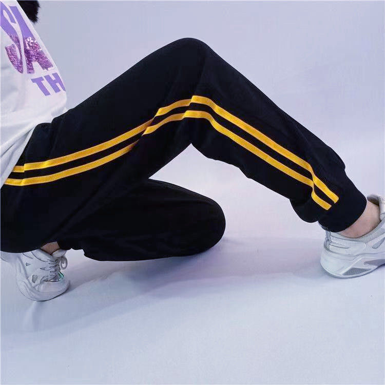 学生穿的夏天裤子校服裤子紫色两道杠双黄杠束脚款校服裤子两条杠男