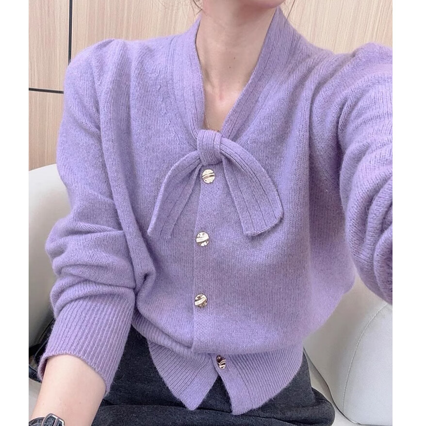 灰色蝴蝶结开衫毛衣女款2024新款秋冬季针织打底衫上衣女内搭 紫色 m
