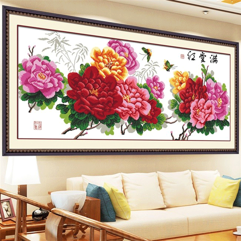 织巢鸟纯手工十字绣成品满堂红富贵满堂花开富贵新款客厅卧室装饰挂画
