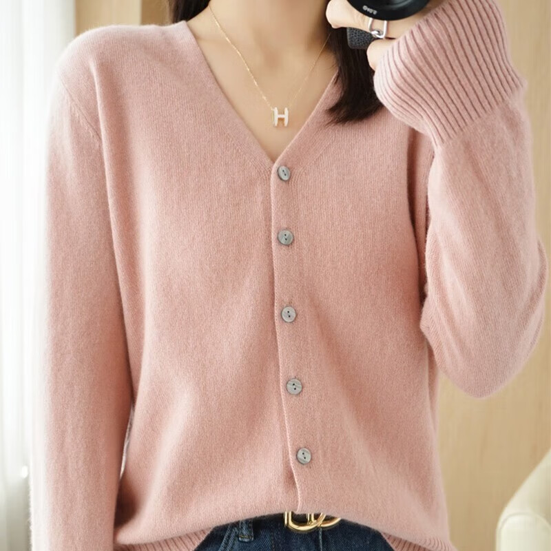 相伊恋人针织开衫女25年秋冬新款慵懒风宽松长袖百搭显瘦纯色V领上衣外套 米色 XL 码【110-120斤】