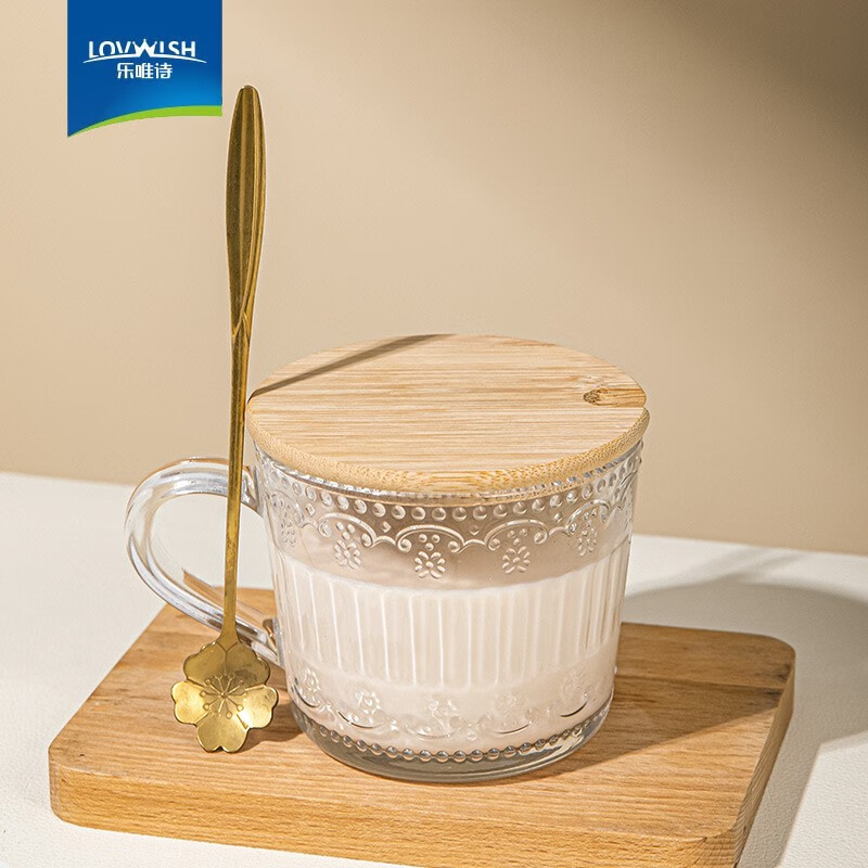 乐唯诗（LOVWISH）玻璃杯水杯碗欧式浮雕玻璃杯早餐碗甜品牛奶燕麦碗网红水果沙拉碗 1只|带盖带勺浮雕带把早餐碗