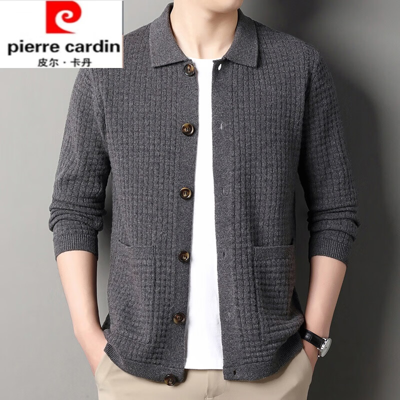 皮尔卡丹(pierre cardin)新款秋冬季濮院羊绒衫男士全羊绒毛开衫翻领