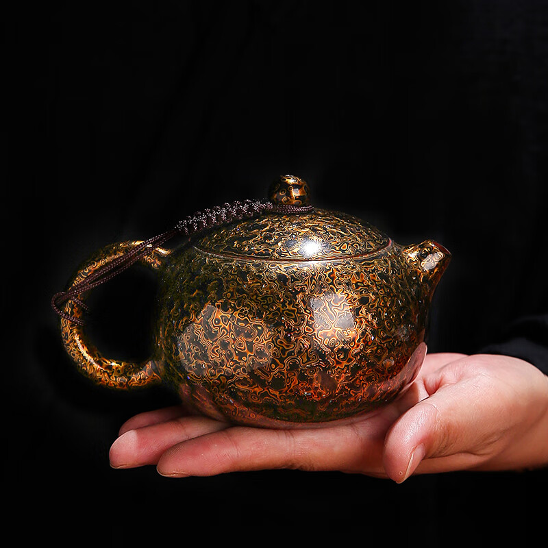 手工制作紫砂犀皮红金黑金茶壶泡茶壶西施壶 大漆紫砂西施壶黑金170ml