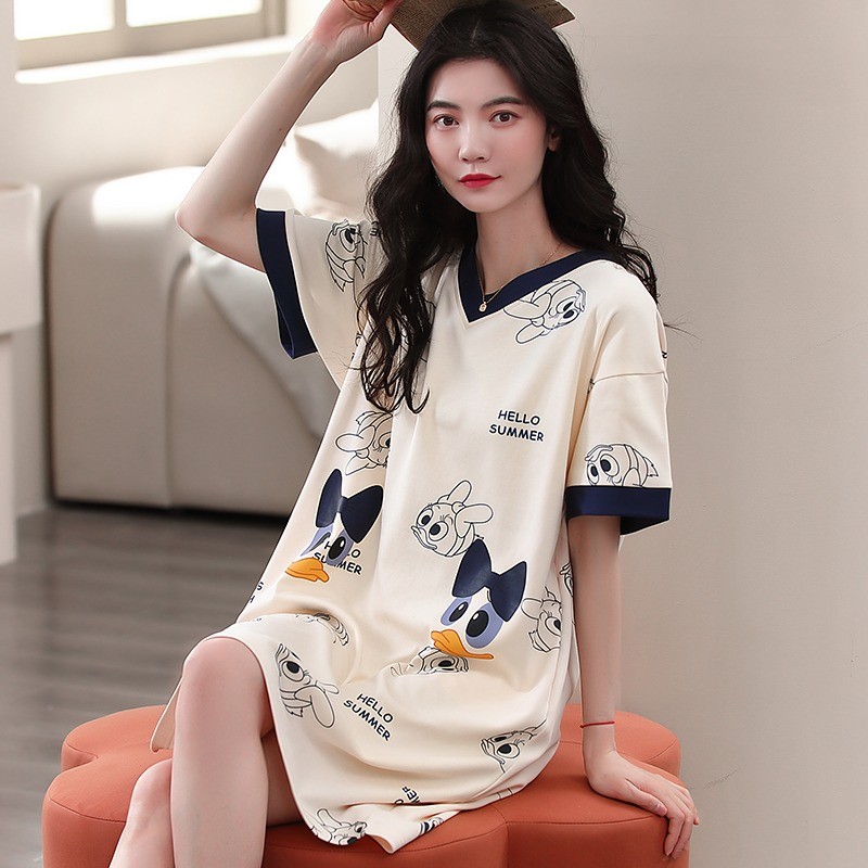 静鹿睡裙女纯棉大码可外穿睡衣 2022新款休闲简约夏季薄款短袖家居服 黛西 XL码 推荐110-120斤