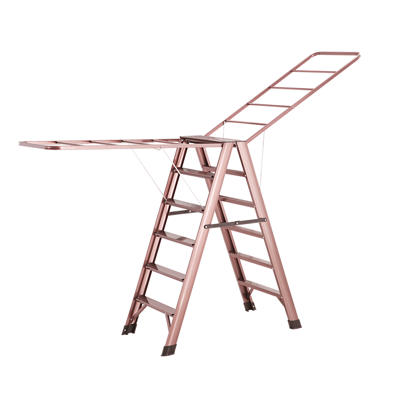 创硕 晾衣架落地梯子家用折叠晾衣架两用室内多功能翼型人字梯伸缩加厚铝合金晒衣楼梯 玫瑰金六步梯晾衣架	