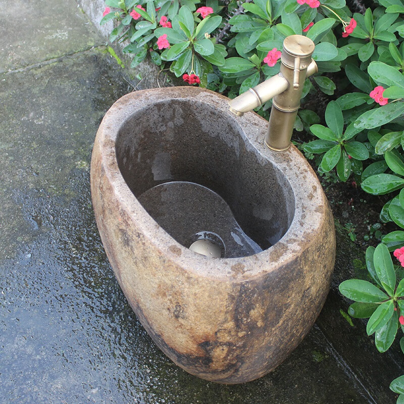 鹅卵石拖把池天然原石拖把池鹅卵石庭院墩布池花园艺术石头水槽户外