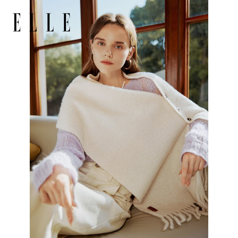 ELLEELLE 羊毛围巾女士秋冬保暖披肩两用斗篷空调房礼物 米杏色
