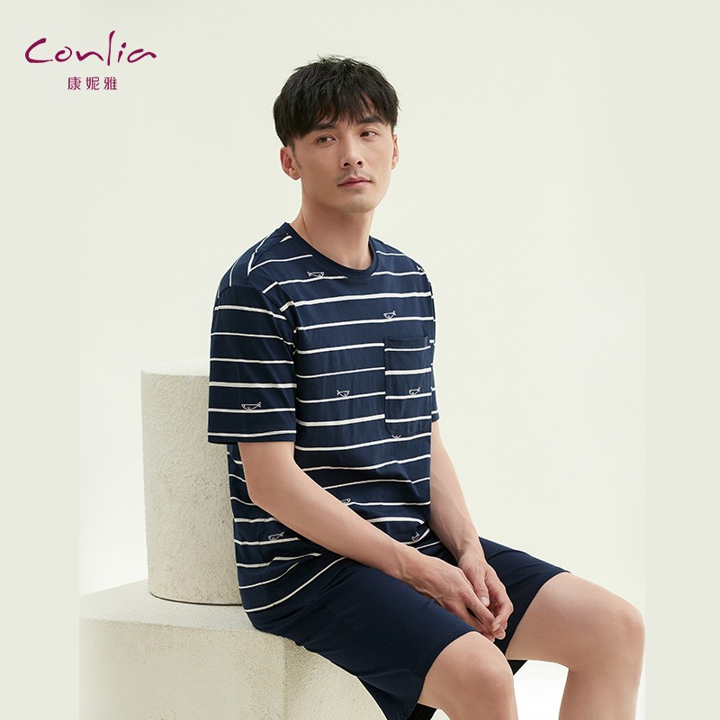 康妮雅（Conlia）情侣睡衣女夏季纯棉条纹睡裙家居服宽松休闲可外穿居家服 男款-雾蓝条纹 M