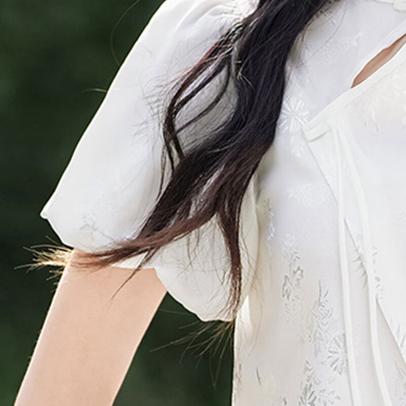 子牧棉麻夏装 女新中式盘扣斜襟提花上衣一片式国风印花短裙套装2326 白色上衣+蓝色半身裙 S(建议80-100斤)