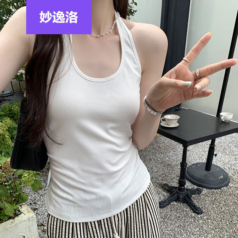 妙逸洛时髦甜辣小众感白色挂脖露背背心女夏新款外穿无袖短上衣学生小