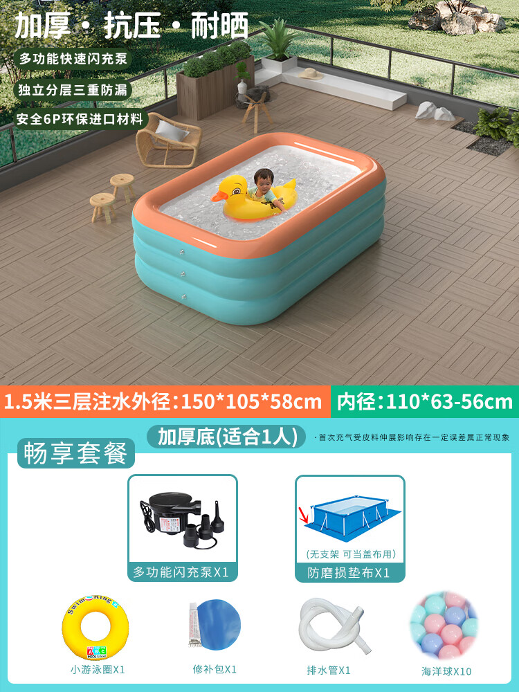充气游泳池儿童家用水池宝宝浴缸婴儿游泳桶戏大人宝贝可折叠泳池 【青橙款】青橙色1.5米三层