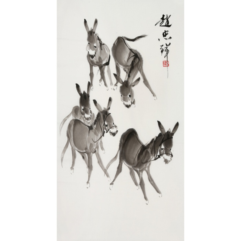 名人赵忠祥字画三尺精品写意国画动物作品五驴图手绘名家书画收藏纯