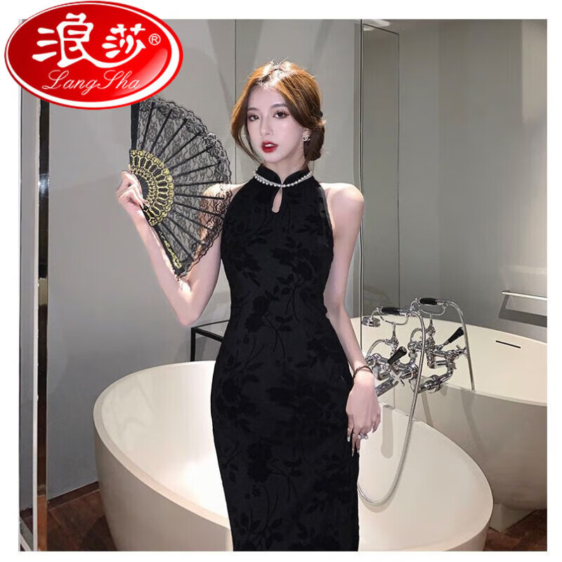 浪莎（LangSha）赫本风植绒高级旗袍优雅夏季2023新款长款修身无袖小黑裙巨显瘦 植绒黑_好质量柔软版 M建议90-115斤高性价比高么？
